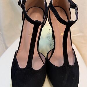 Alegria Black T-Strap Sued silhouette heels